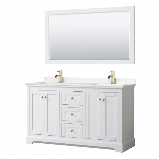 60 Inch Double Bathroom Vanity in White, Light-Vein Carrara Cultured Marble Countertop, Sinks, 58 Inch Mirror, Gold Trim