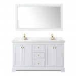 60 Inch Double Bathroom Vanity in White, Light-Vein Carrara Cultured Marble Countertop, Sinks, 58 Inch Mirror, Gold Trim