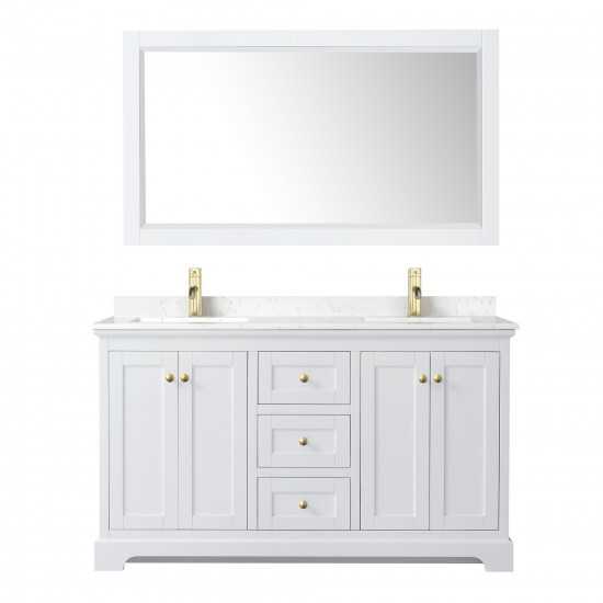 60 Inch Double Bathroom Vanity in White, Light-Vein Carrara Cultured Marble Countertop, Sinks, 58 Inch Mirror, Gold Trim