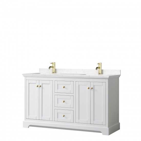 60 Inch Double Bathroom Vanity in White, Light-Vein Carrara Cultured Marble Countertop, Sinks, Gold Trim