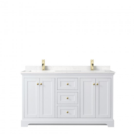 60 Inch Double Bathroom Vanity in White, Light-Vein Carrara Cultured Marble Countertop, Sinks, Gold Trim