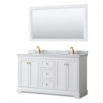 60 Inch Double Bathroom Vanity in White, White Carrara Marble Countertop, Oval Sinks, 58 Inch Mirror, Gold Trim