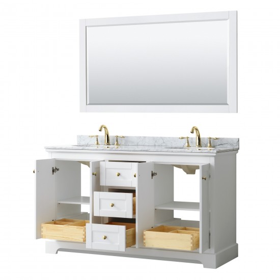 60 Inch Double Bathroom Vanity in White, White Carrara Marble Countertop, Oval Sinks, 58 Inch Mirror, Gold Trim