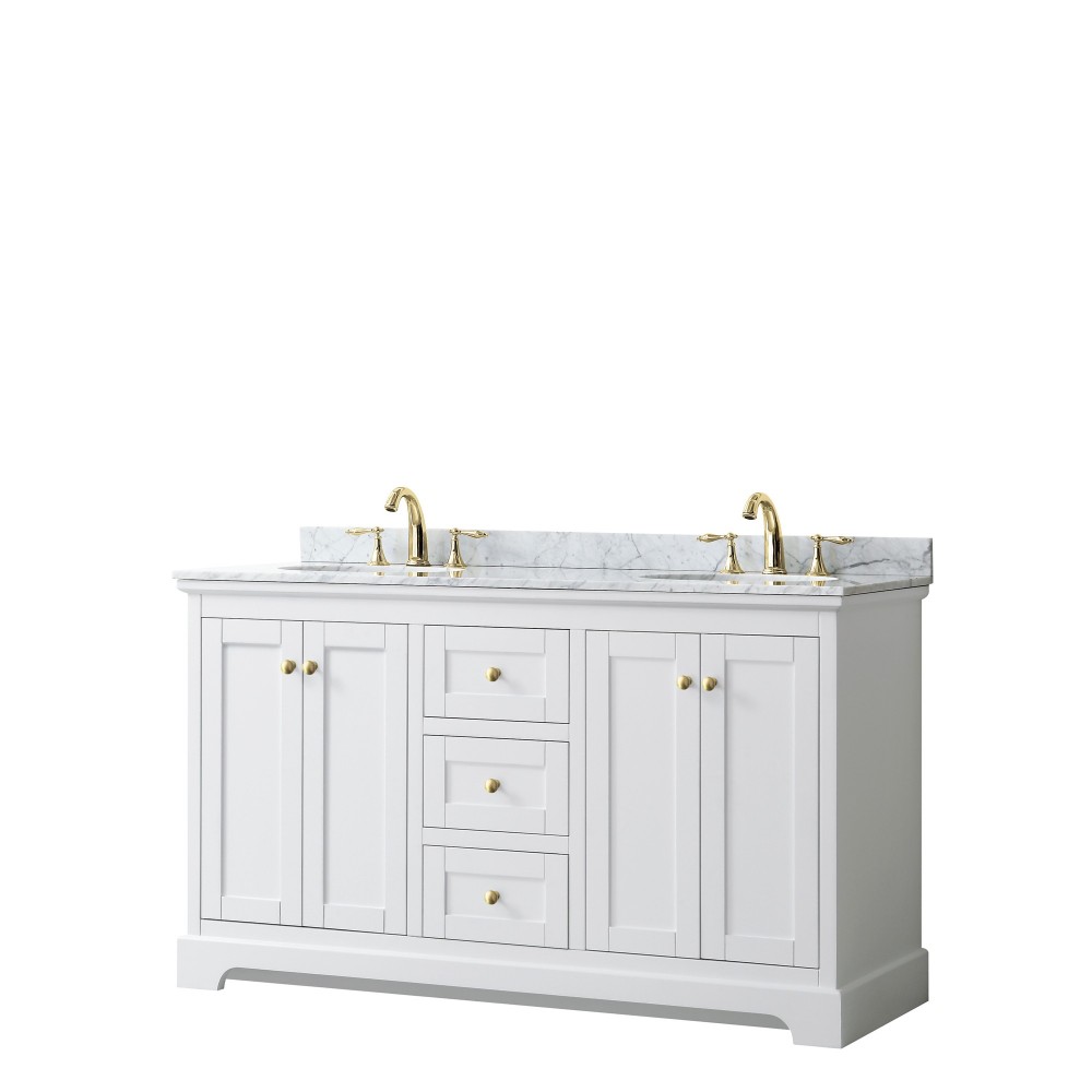 60 Inch Double Bathroom Vanity in White, White Carrara Marble Countertop, Oval Sinks, Gold Trim