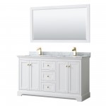 60 Inch Double Bathroom Vanity in White, White Carrara Marble Countertop, Sinks, 58 Inch Mirror, Gold Trim