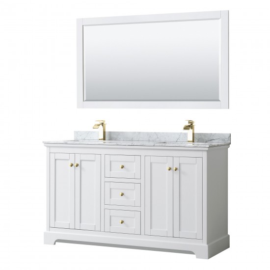 60 Inch Double Bathroom Vanity in White, White Carrara Marble Countertop, Sinks, 58 Inch Mirror, Gold Trim