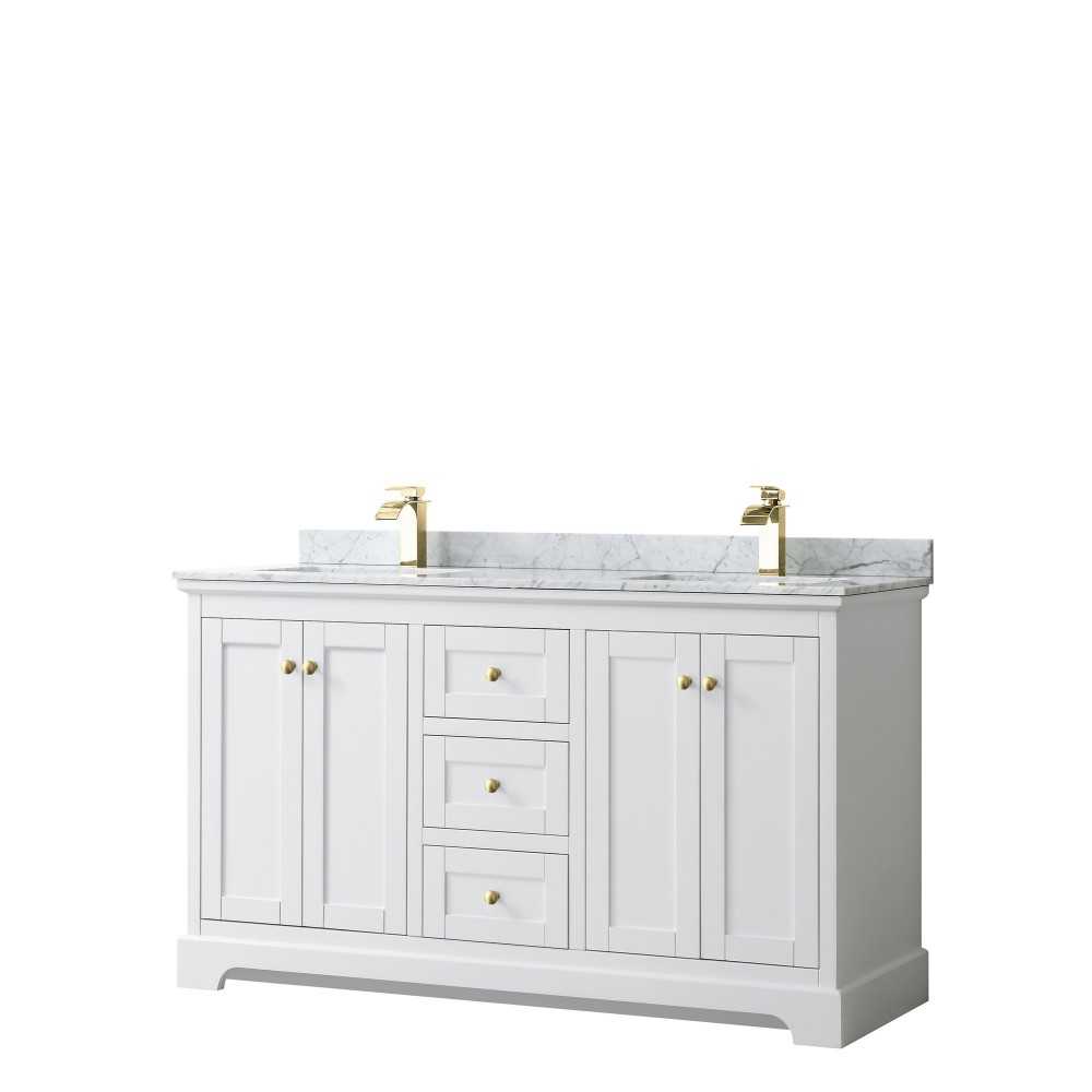 60 Inch Double Bathroom Vanity in White, White Carrara Marble Countertop, Sinks, Gold Trim