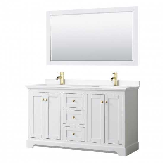 60 Inch Double Bathroom Vanity in White, White Cultured Marble Countertop, Sinks, 58 Inch Mirror, Gold Trim