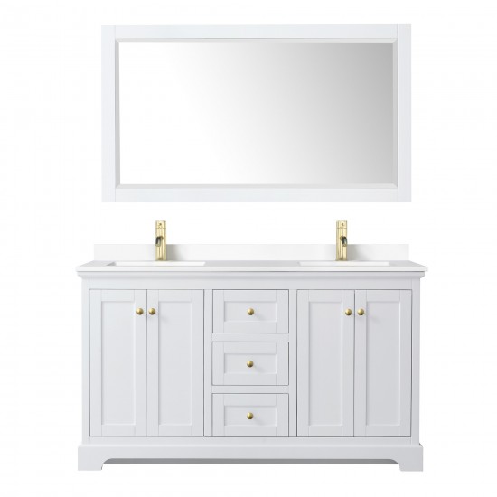 60 Inch Double Bathroom Vanity in White, White Cultured Marble Countertop, Sinks, 58 Inch Mirror, Gold Trim