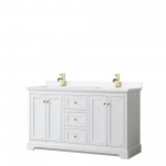 60 Inch Double Bathroom Vanity in White, White Cultured Marble Countertop, Sinks, Gold Trim