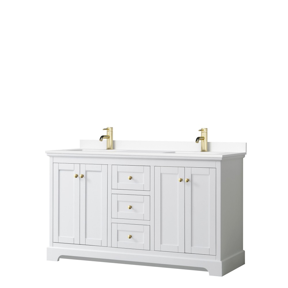 60 Inch Double Bathroom Vanity in White, White Cultured Marble Countertop, Sinks, Gold Trim