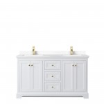 60 Inch Double Bathroom Vanity in White, White Cultured Marble Countertop, Sinks, Gold Trim