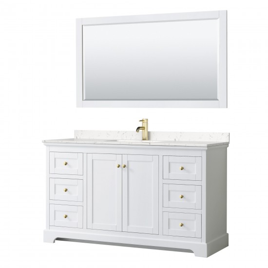 60 Inch Single Bathroom Vanity in White, Light-Vein Carrara Cultured Marble Countertop, Sink, 58 Inch Mirror, Gold Trim