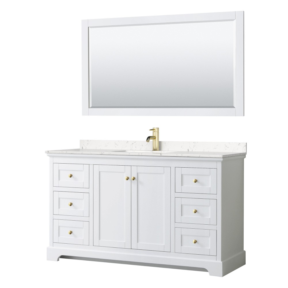 60 Inch Single Bathroom Vanity in White, Light-Vein Carrara Cultured Marble Countertop, Sink, 58 Inch Mirror, Gold Trim