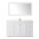 60 Inch Single Bathroom Vanity in White, Light-Vein Carrara Cultured Marble Countertop, Sink, 58 Inch Mirror, Gold Trim