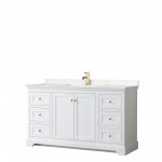 60 Inch Single Bathroom Vanity in White, Light-Vein Carrara Cultured Marble Countertop, Sink, Gold Trim