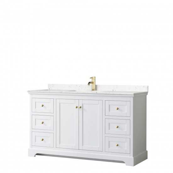 60 Inch Single Bathroom Vanity in White, Light-Vein Carrara Cultured Marble Countertop, Sink, Gold Trim