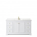 60 Inch Single Bathroom Vanity in White, Light-Vein Carrara Cultured Marble Countertop, Sink, Gold Trim