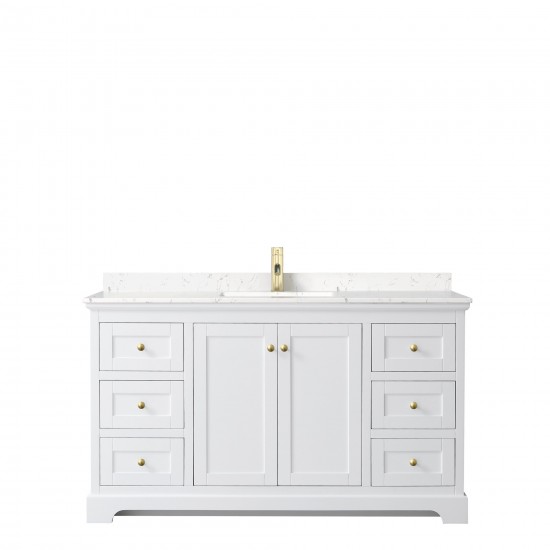 60 Inch Single Bathroom Vanity in White, Light-Vein Carrara Cultured Marble Countertop, Sink, Gold Trim