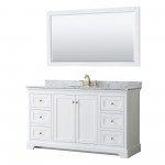 60 Inch Single Bathroom Vanity in White, White Carrara Marble Countertop, Oval Sink, 58 Inch Mirror, Gold Trim