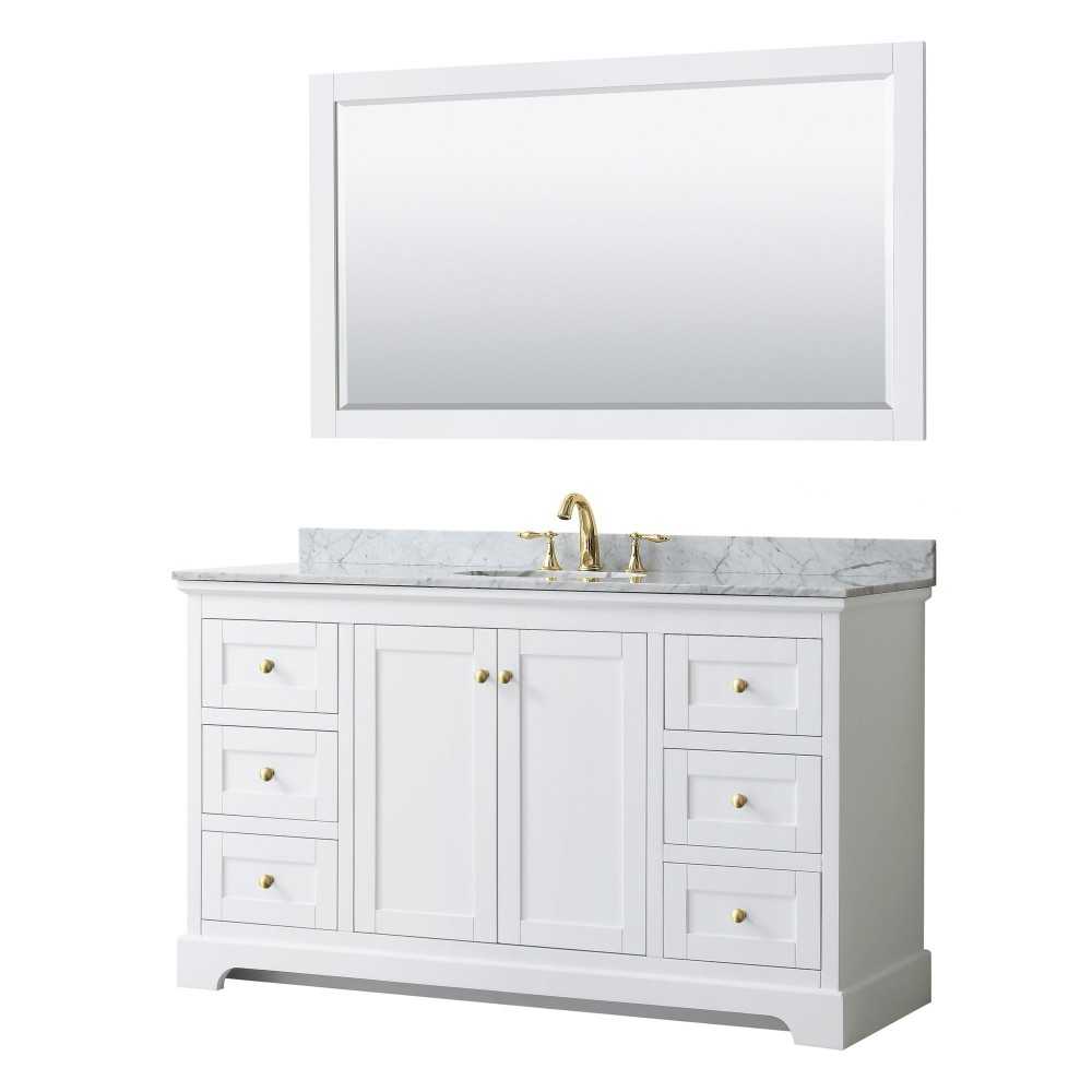 60 Inch Single Bathroom Vanity in White, White Carrara Marble Countertop, Oval Sink, 58 Inch Mirror, Gold Trim 60 Inch Single Bathroom Vanity in White, White Carrara Marble Countertop, Oval Sink, 58 Inch Mirror, Gold Trim