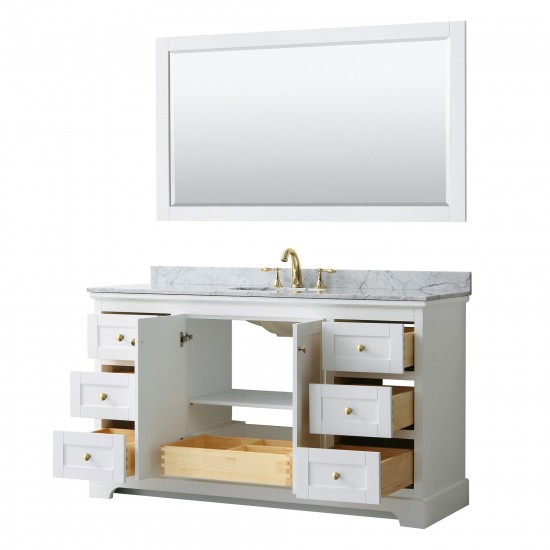 60 Inch Single Bathroom Vanity in White, White Carrara Marble Countertop, Oval Sink, 58 Inch Mirror, Gold Trim