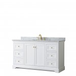 60 Inch Single Bathroom Vanity in White, White Carrara Marble Countertop, Oval Sink, Gold Trim