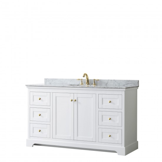 60 Inch Single Bathroom Vanity in White, White Carrara Marble Countertop, Oval Sink, Gold Trim