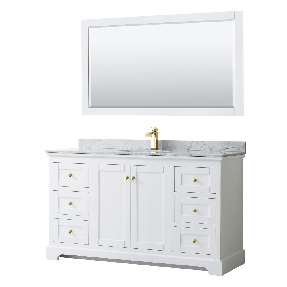 60 Inch Single Bathroom Vanity in White, White Carrara Marble Countertop, Sink, 58 Inch Mirror, Gold Trim