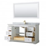 60 Inch Single Bathroom Vanity in White, White Carrara Marble Countertop, Sink, 58 Inch Mirror, Gold Trim