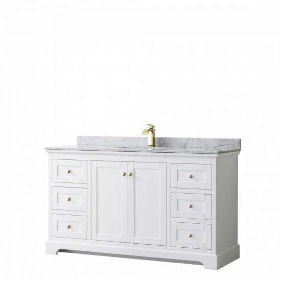 60 Inch Single Bathroom Vanity in White, White Carrara Marble Countertop, Sink, Gold Trim