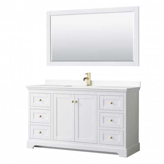 60 Inch Single Bathroom Vanity in White, White Cultured Marble Countertop, Sink, 58 Inch Mirror, Gold Trim