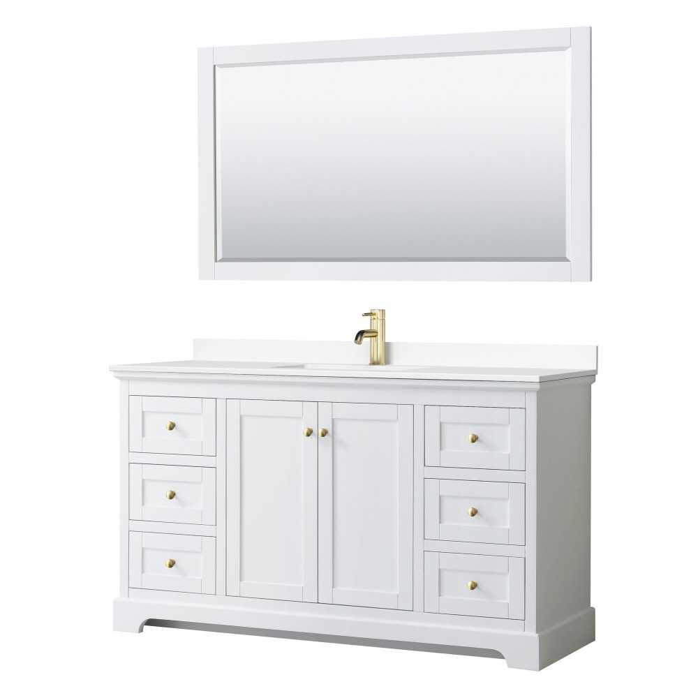 60 Inch Single Bathroom Vanity in White, White Cultured Marble Countertop, Sink, 58 Inch Mirror, Gold Trim