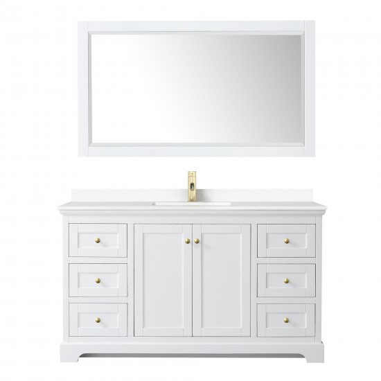 60 Inch Single Bathroom Vanity in White, White Cultured Marble Countertop, Sink, 58 Inch Mirror, Gold Trim