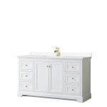 60 Inch Single Bathroom Vanity in White, White Cultured Marble Countertop, Sink, Gold Trim