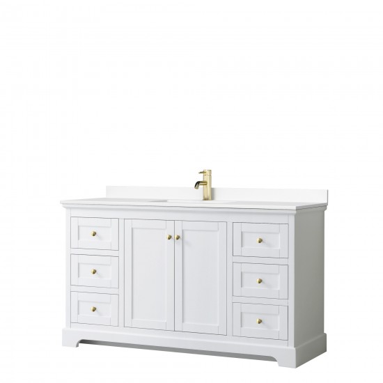 60 Inch Single Bathroom Vanity in White, White Cultured Marble Countertop, Sink, Gold Trim