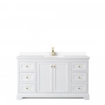 60 Inch Single Bathroom Vanity in White, White Cultured Marble Countertop, Sink, Gold Trim