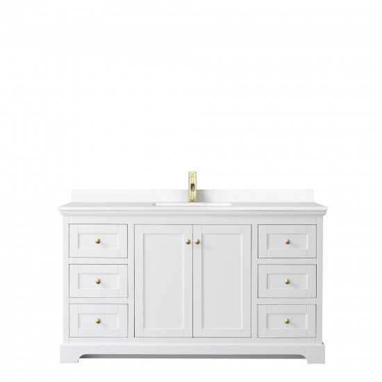 60 Inch Single Bathroom Vanity in White, White Cultured Marble Countertop, Sink, Gold Trim