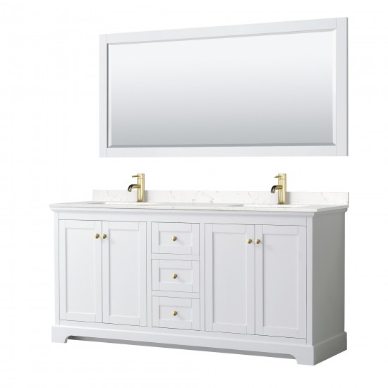 72 Inch Double Bathroom Vanity in White, Light-Vein Carrara Cultured Marble Countertop, Sinks, 70 Inch Mirror, Gold Trim