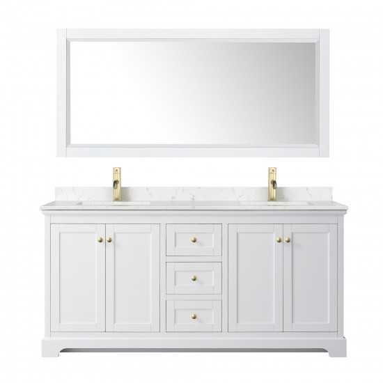 72 Inch Double Bathroom Vanity in White, Light-Vein Carrara Cultured Marble Countertop, Sinks, 70 Inch Mirror, Gold Trim