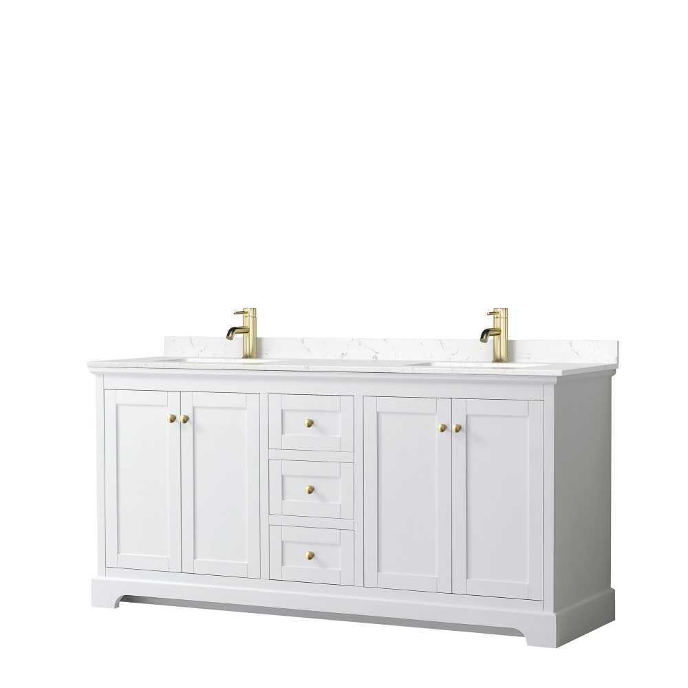 72 Inch Double Bathroom Vanity in White, Light-Vein Carrara Cultured Marble Countertop, Sinks, Gold Trim