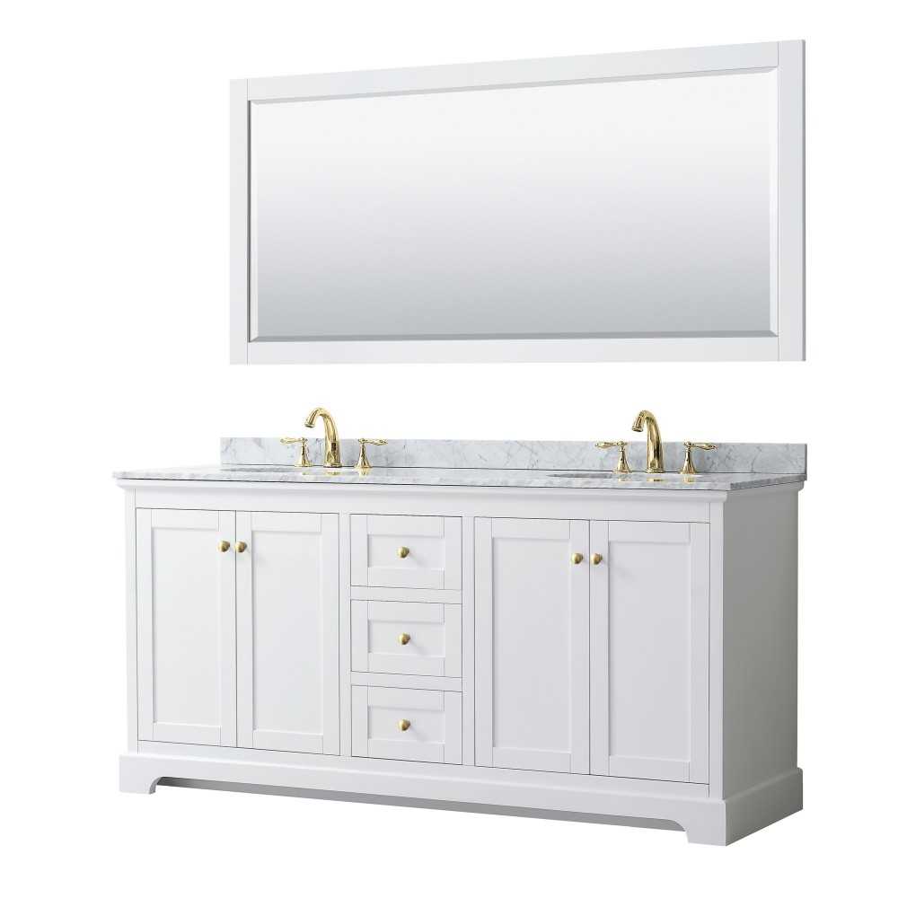 72 Inch Double Bathroom Vanity in White, White Carrara Marble Countertop, Oval Sinks, 70 Inch Mirror, Gold Trim