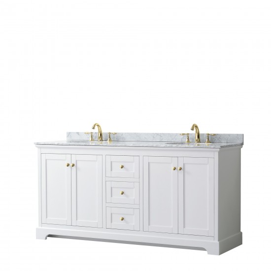 72 Inch Double Bathroom Vanity in White, White Carrara Marble Countertop, Oval Sinks, Gold Trim