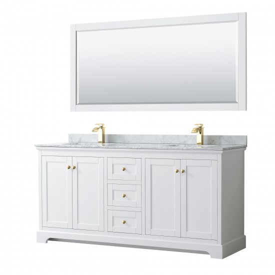 72 Inch Double Bathroom Vanity in White, White Carrara Marble Countertop, Sinks, 70 Inch Mirror, Gold Trim