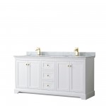 72 Inch Double Bathroom Vanity in White, White Carrara Marble Countertop, Sinks, Gold Trim