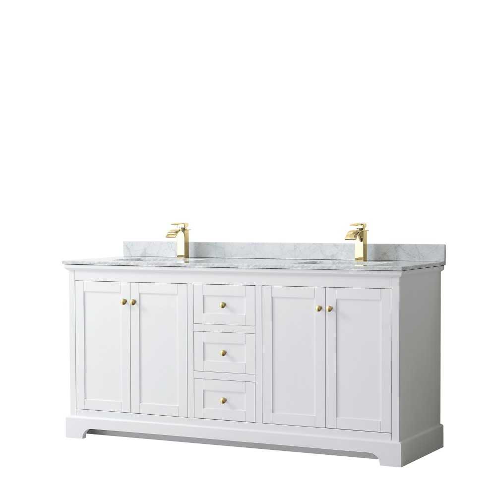 72 Inch Double Bathroom Vanity in White, White Carrara Marble Countertop, Sinks, Gold Trim