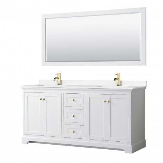 72 Inch Double Bathroom Vanity in White, White Cultured Marble Countertop, Sinks, 70 Inch Mirror, Gold Trim