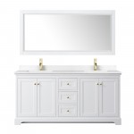 72 Inch Double Bathroom Vanity in White, White Cultured Marble Countertop, Sinks, 70 Inch Mirror, Gold Trim