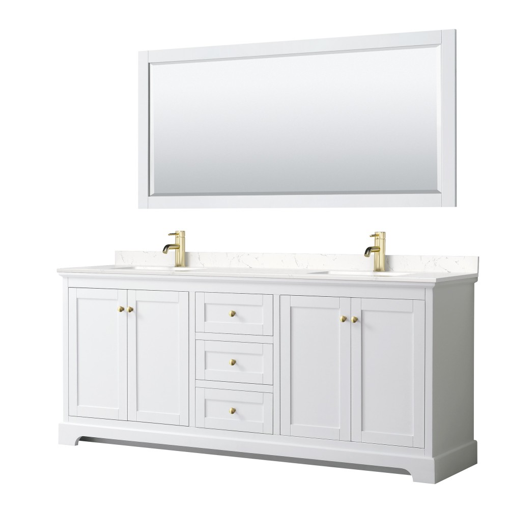 80 Inch Double Bathroom Vanity in White, Light-Vein Carrara Cultured Marble Countertop, Sinks, 70 Inch Mirror, Gold Trim