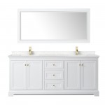 80 Inch Double Bathroom Vanity in White, Light-Vein Carrara Cultured Marble Countertop, Sinks, 70 Inch Mirror, Gold Trim